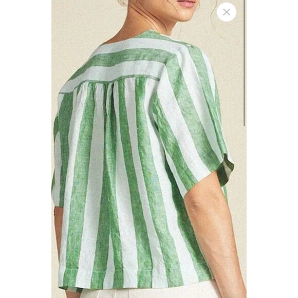 Birds Of Paradise By Trovata Neve Shirt Aloe Stripe Sz M Linen Camp Lagenlook - Picture 2 of 8